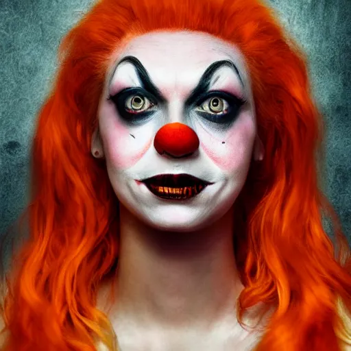 Prompt: profile portrait of a female clown horror, horror movie characters, horror movie icons, orange dawn, hyperrealistic