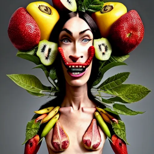 Prompt: megan fox vegan editorial by malczewski and arcimboldo, character sculpture by arcimboldo, stil frame from'cloudy with a chance of meatballs 2'( 2 0 1 3 ) of fruit dryad, fruit hybrid megan fox editorial by alexander mcqueen and arcimboldo