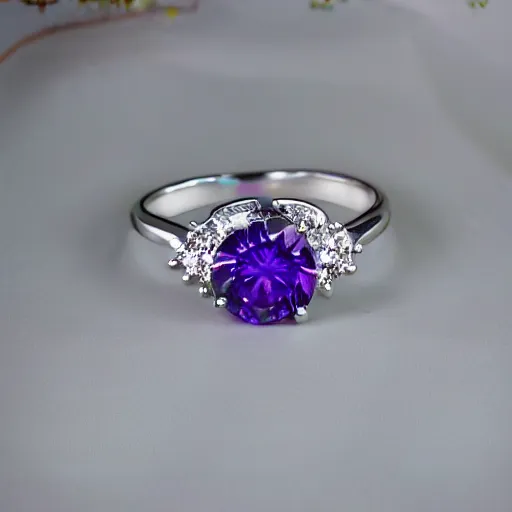 Prompt: a beautiful engagement ring on the hand of a woman, made out of shiny silver, the ring is engulfed in purple fire, high quality, photo realistic, detailed, 8k