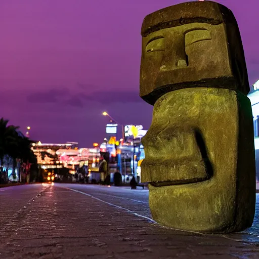 Prompt: a moai head statue roller skating on the street, set at night