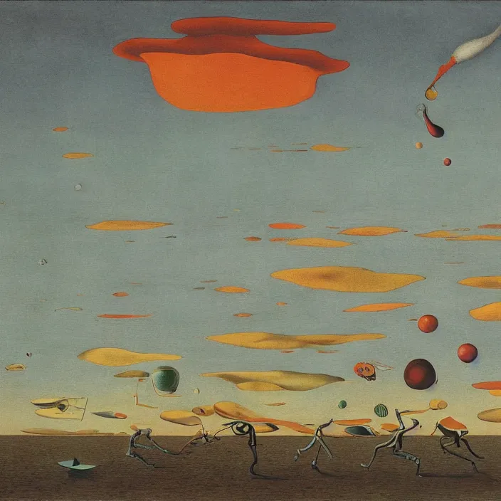 Prompt: the first color getting out of the primordial ocean to walk on land. sunset. codex seraphinianus. painting by yves tanguy, bruegel, walton ford, rene magritte, max ernst, matisse