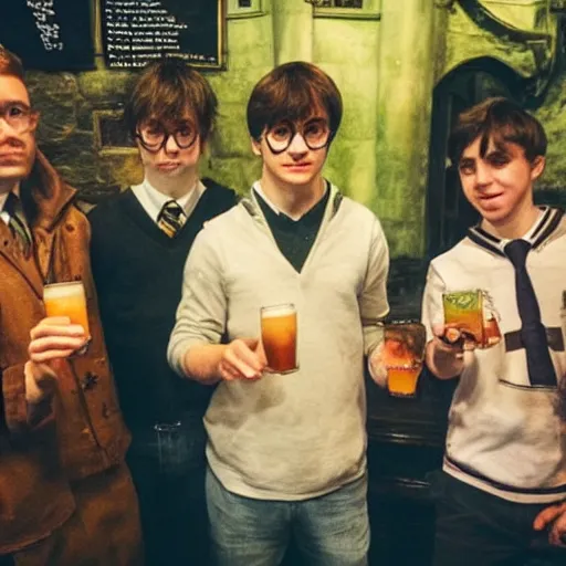 Prompt: harry potter drinking shots at the local pub with the lads