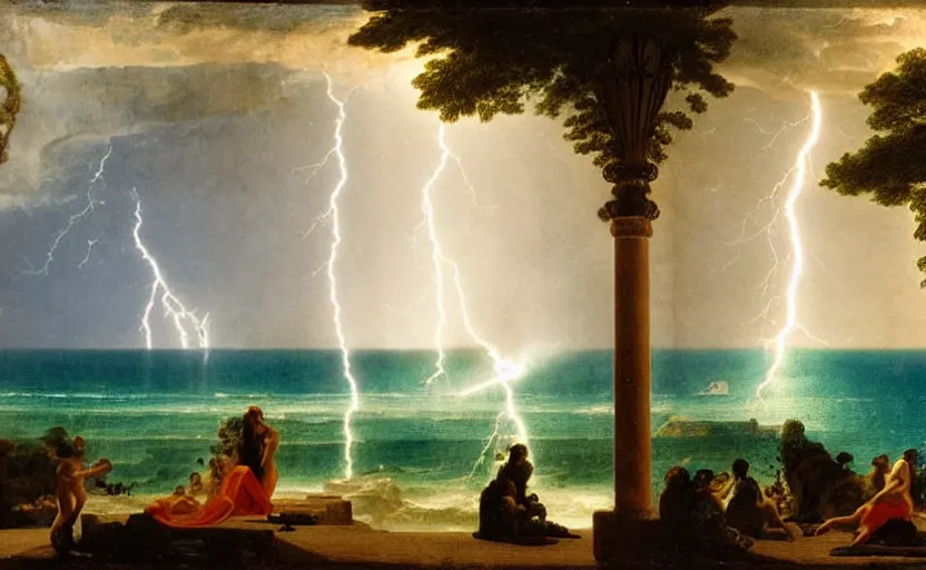 Image similar to mediterranean balustrade and columns, refracted lightnings on the ocean, thunderstorm, greek pool, beach and Tropical vegetation on the background major arcana sky and occult symbols, by paul delaroche, hyperrealistic 4k uhd, award-winning, very detailed paradise