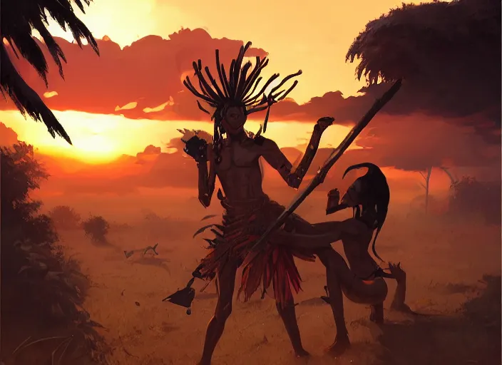 Image similar to masculine black warrior tribal afrikan voodoo armor, primitive weapons and kemetic imagery, 2 d game fanart behance hd by jesper ejsing, by rhads, makoto shinkai and lois van baarle, ilya kuvshinov, rossdraws, dramatic sunset, global illumination, radiant light, detailed and intricate environment