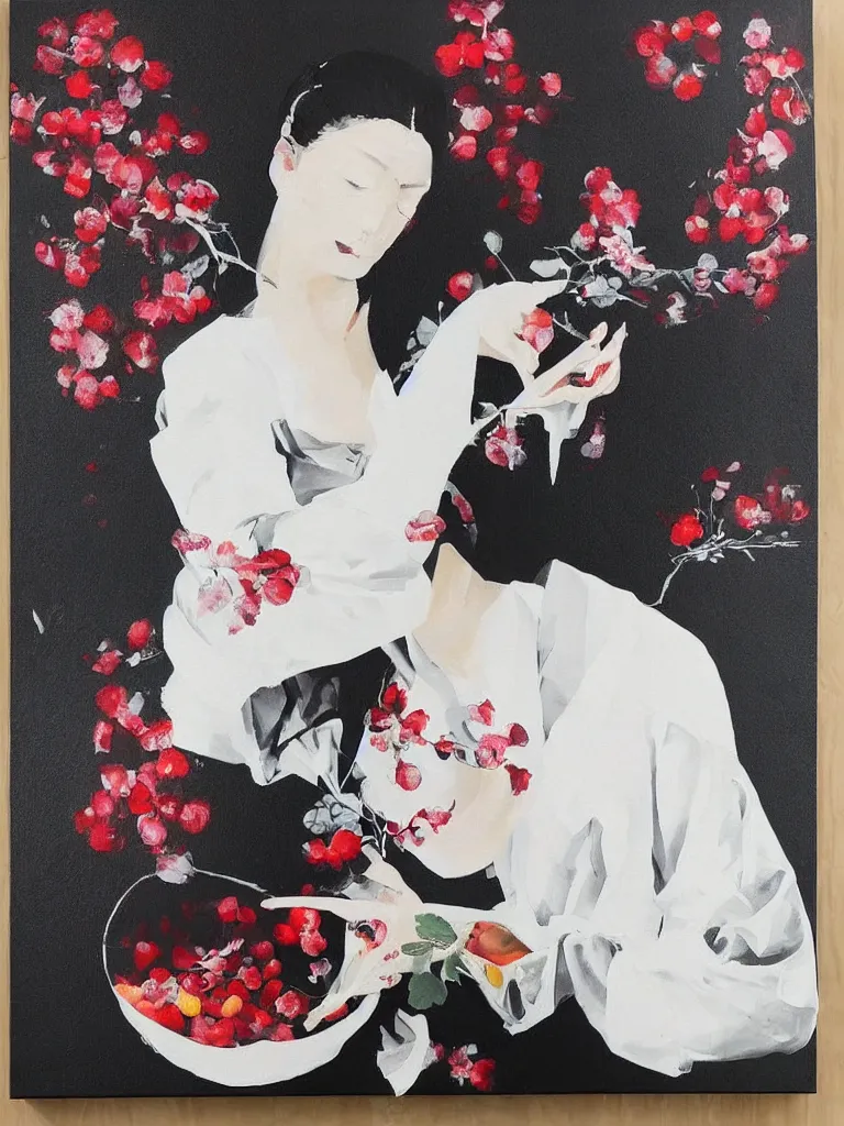 Prompt: “art in an Australian artist’s apartment, portrait of a woman wearing white cotton cloth, eating luscious fresh berries, white wax, edible flowers, Japanese pottery, ikebana, black walls, acrylic and spray paint and oilstick on canvas”