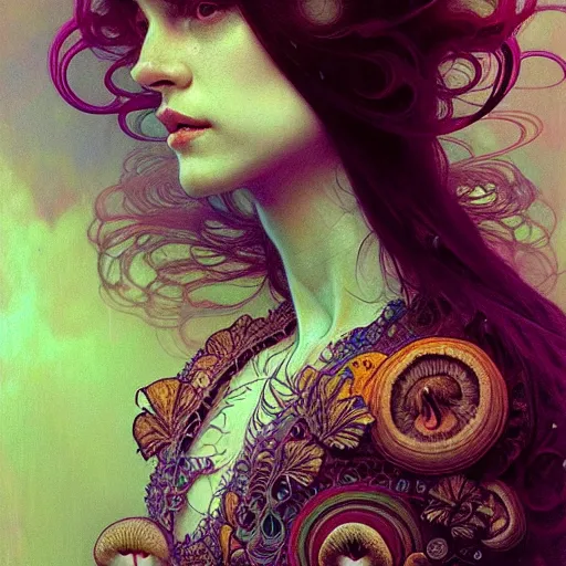 Prompt: An extremely psychedelic portrait, surreal, mushrooms, DMT, LSD, face, detailed, intricate, elegant, lithe, highly detailed, digital painting, artstation, concept art, smooth, sharp focus, illustration, art by Krenz Cushart and Artem Demura and alphonse mucha