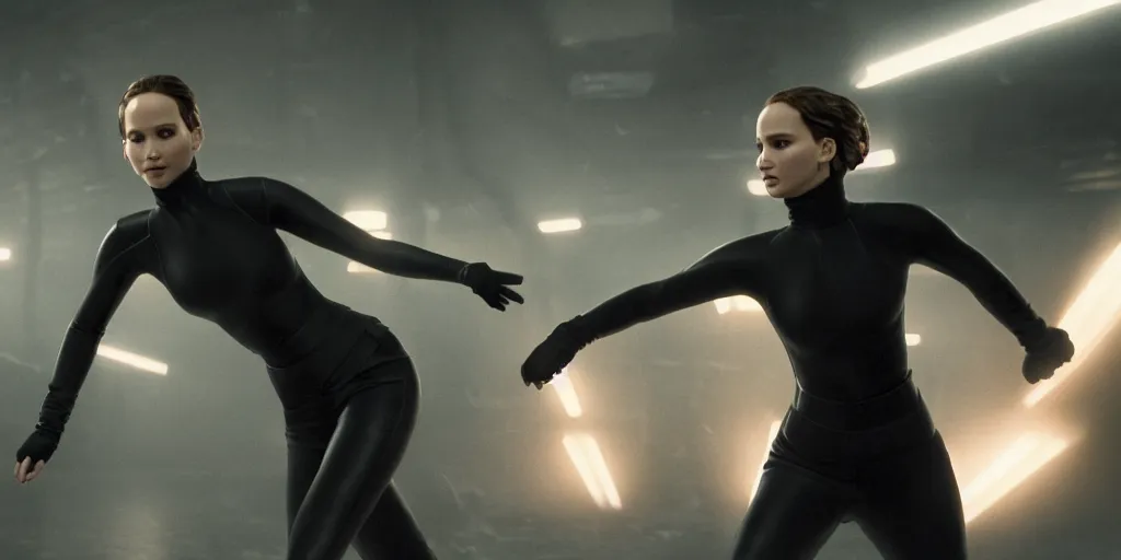 Prompt: Jennifer Lawrence fighting Natalie Portman in matrix, cinematic lighting, trending on artstation, 4k, hyperrealistic, focused, high details, unreal engine 5, cinematic