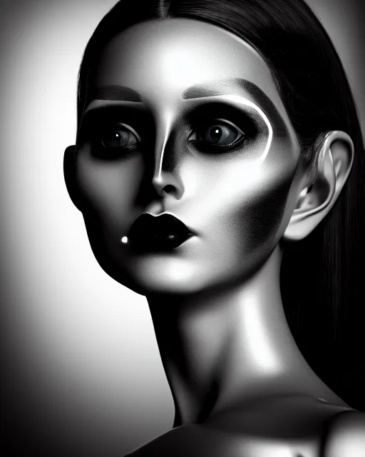 Image similar to surreal mythical dreamy dark artistic black and white fine art 3 / 4 fashion portrait photo of a young beautiful delicate female robot with orchid - owl face, rim light, cinematic, studio dramatic light, poetic, masterpiece, octane render, 8 k, photo - realistic by hg giger and man ray