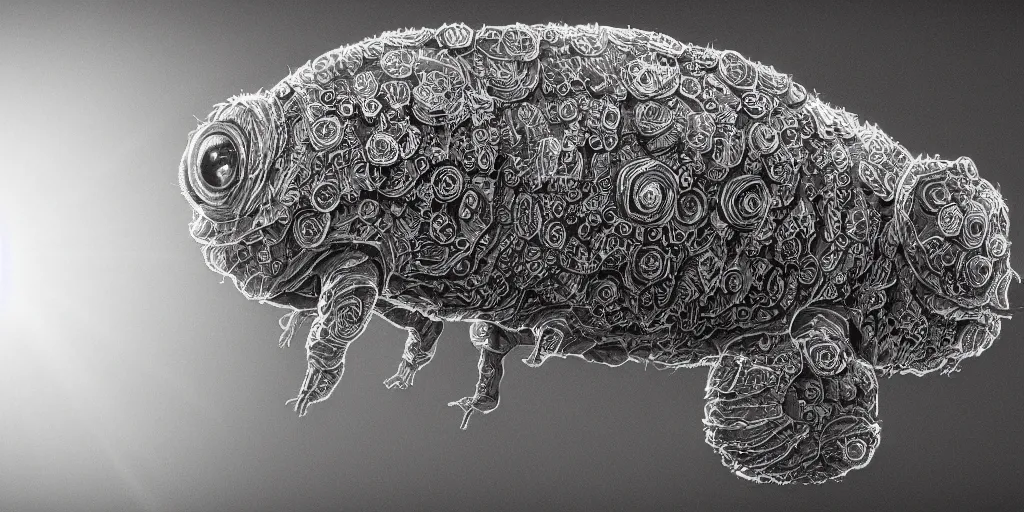 Image similar to Intricate detailed illustration, A tardigrade with the face of a human infant, cinematic lighting, by Philip Hood, wide angle, volumetric light scattering, 8k, artstation, concept art,