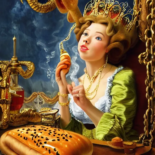 Prompt: pig wearing gold crown eating hot dog, Realistic, Regal, Refined, Detailed Digital Art, Michael Cheval, Walt Disney (1937), François Boucher, Oil Painting, Steampunk, Highly Detailed, Cinematic Lighting, Unreal Engine, 8k