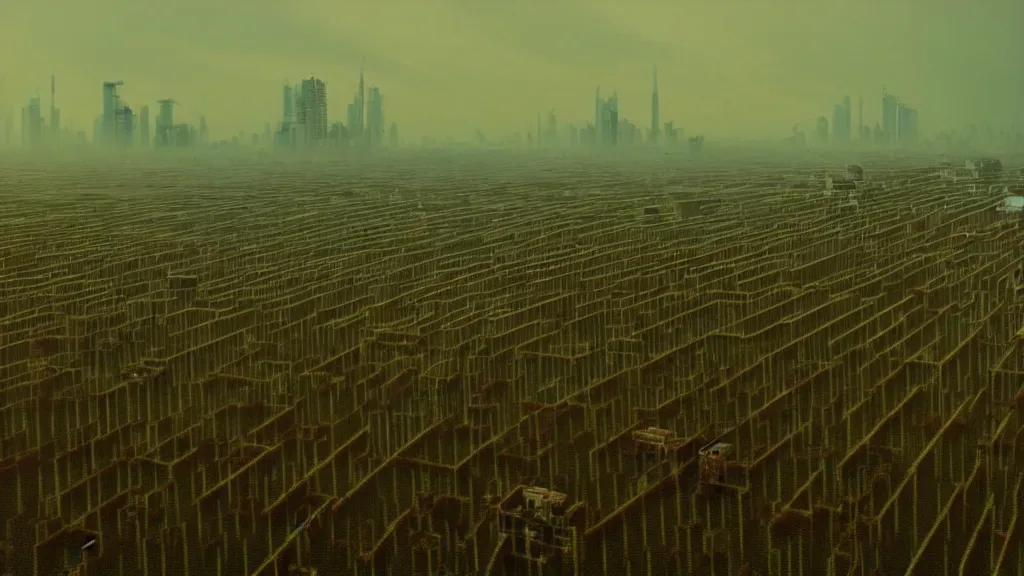 Prompt: a futuristic cyberpunk village from the year 2077 that’s on stilts above a rice field, film still from the movie directed by Denis Villeneuve with art direction by Zdzisław Beksiński, wide lens