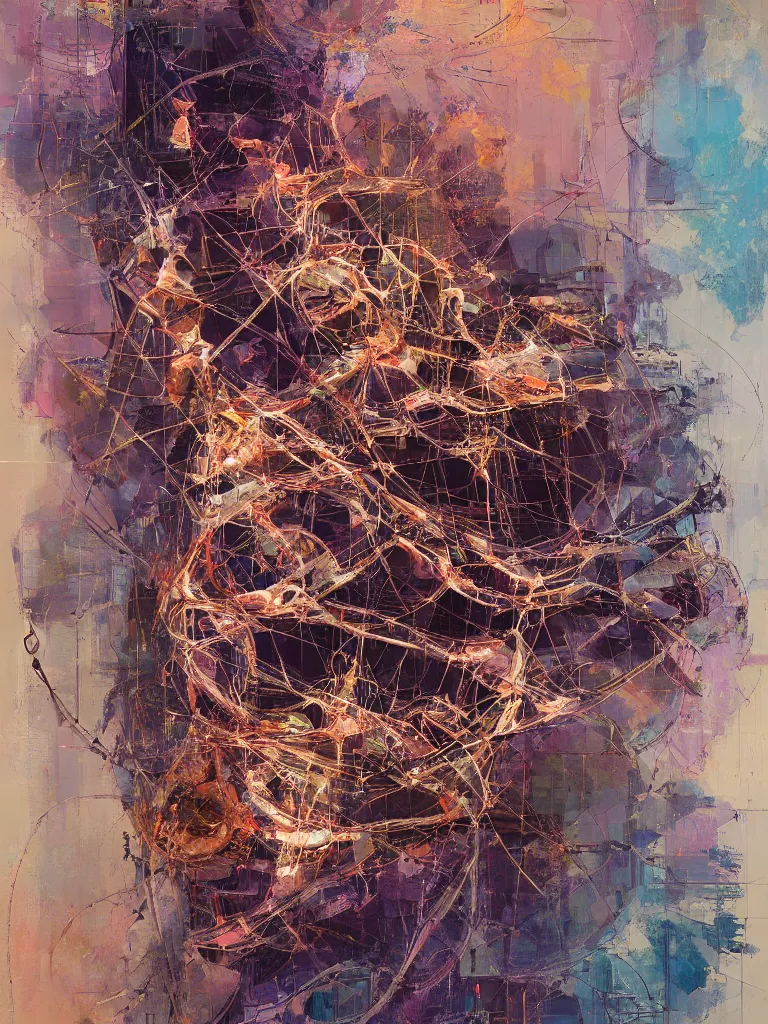 Prompt: a beautiful glitched abstract geometric painting by robert proch and robert heindel of an anatomy study of a mechanical nervous system on spinal structure, color bleeding, pixel sorting, copper oxide and rust materials, brushstrokes by jeremy mann, cold top lighting, pastel purple background