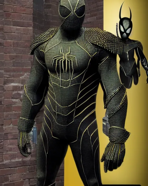 Image similar to super detailed photo realistic brute armor designed at horizon labs to help protect peter after the loss of his spider - sense, black and yellow spiderman suit