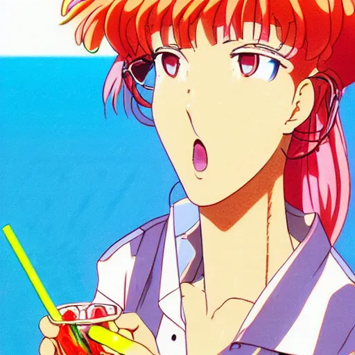 Image similar to beautiful woman drinking straight from liquor bottle, sprite, vaporwave nostalgia, directed by beat takeshi, visual novel cg, 8 0 s anime vibe, kimagure orange road, maison ikkoku, sketch by da vinci