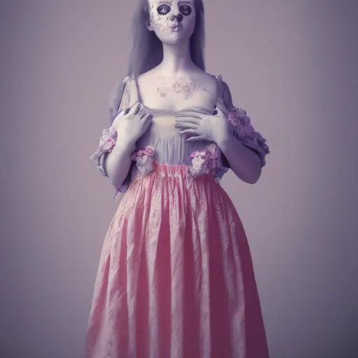 Image similar to 8 k, octane render, realism, tonalism, renaissance, rococo, baroque, cotton candy, portrait of a creepy young lady wearing long 7 0 s babydoll dress with flowers and skulls