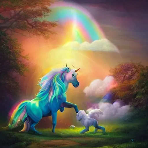 Prompt: a unicorn with a baby unicorn in a beautiful garden with billowing clouds and sunset, with a rainbow in the distance, trending on artstation, dynamic composition, style of Artgerm and Jaime Jones, high detail