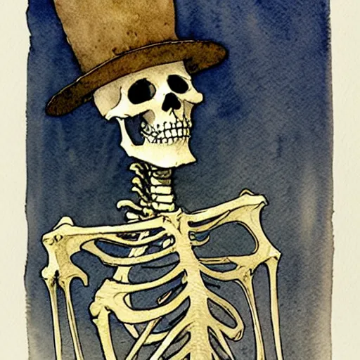 Image similar to a simple and atmospheric watercolour portrait of a skeleton king on halloween, very muted colors, by rebecca guay, michael kaluta, charles vess and jean moebius giraud