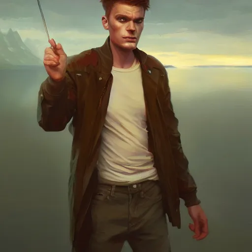 Prompt: phillip j fry portrait, dramatic light, lake background, 2 0 0 mm focal length, painted by stanley lau, painted by greg rutkowski, painted by stanley artgerm, digital art, trending on artstation