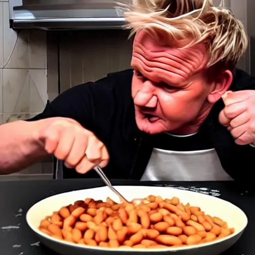 Image similar to Gordon Ramsay eating beans, while children point and laugh at him, bullying, cruel kids