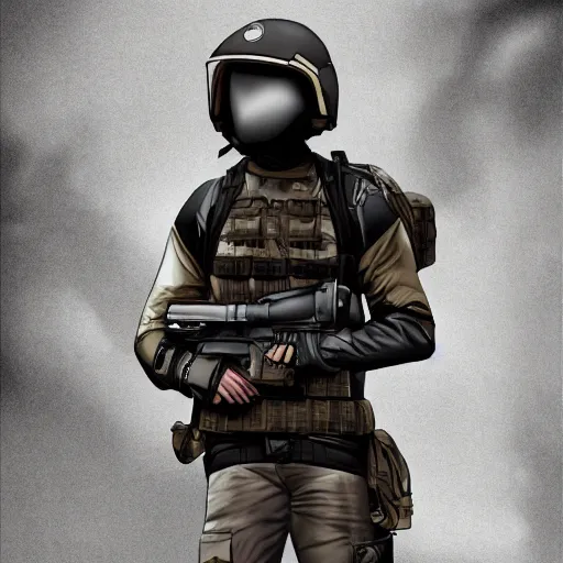 Image similar to futuristic insurgent wearing black helmet glossy visor, brown cloak, technical vest, and a backpack, photorealistic, digital art