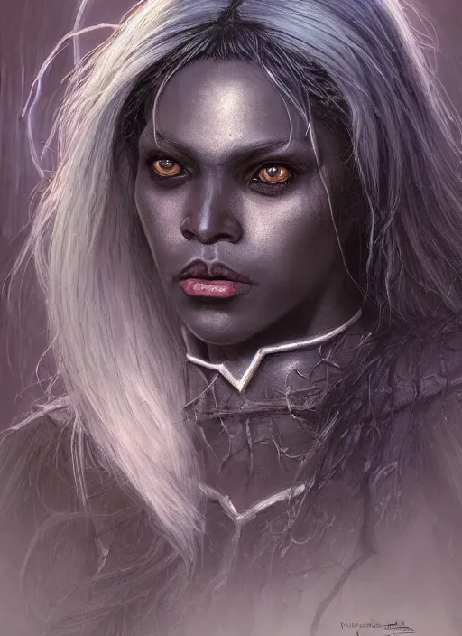 Prompt: a face portrait of a very dark female drow elf, dark gray skin, naive, innocent, worried, young adult, long white hair, style by donato giancola, wayne reynolds, jeff easley dramatic light, high detail, cinematic lighting, artstation, dungeons and dragons