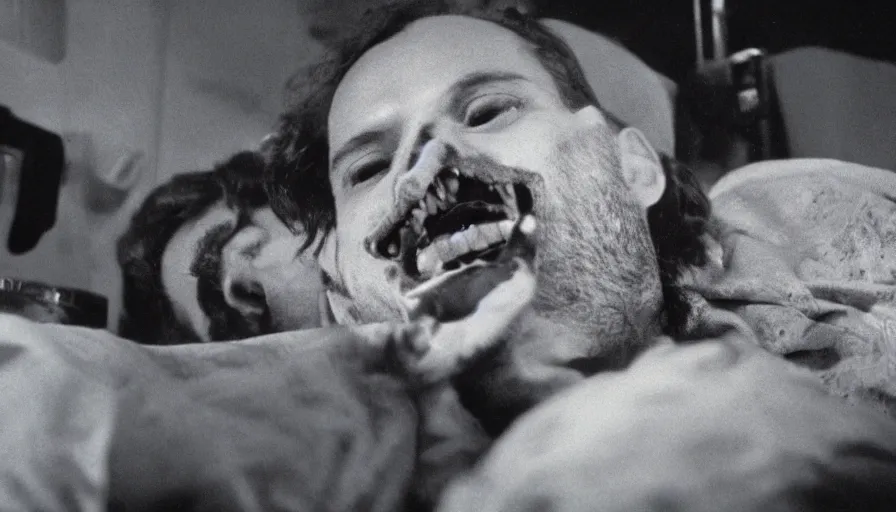 Image similar to 70s movie still of a man with trypophobia teeth in hospital, eastmancolor, heavy grain, high quality, higly detailed, liminal space