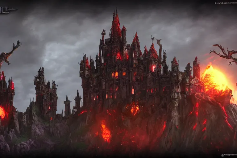 Image similar to big evil castle - city rock dark shadow elves, might and magic heroes vii, dark fantasy, shadows, artstation trending, unreal engine 5, red