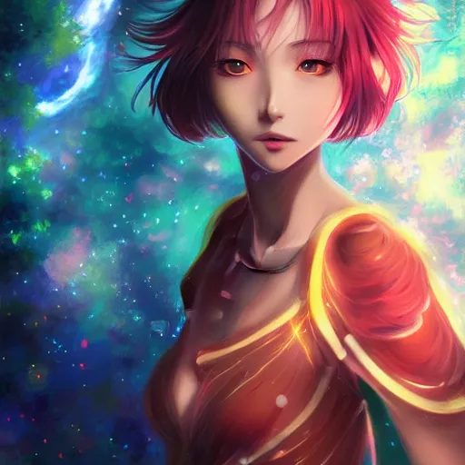 Prompt: A realistic anime painting of a beautiful cosmic woman with glowing red eyes and cosmic skin wearing clothes made of universes, digital painting, by Stanley Artgerm Lau, Sakimichan, WLOP, Makoto Shinkai, Rossdraws, Pixivs, digital painting, trending on Pixiv, SFW version —H 1024