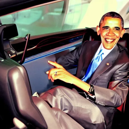 Prompt: barack obama on pimp my ride sitting in his newly upgraded presidential limo complete with a playstation 2, and a minibar. there are also neon lights in the interior.