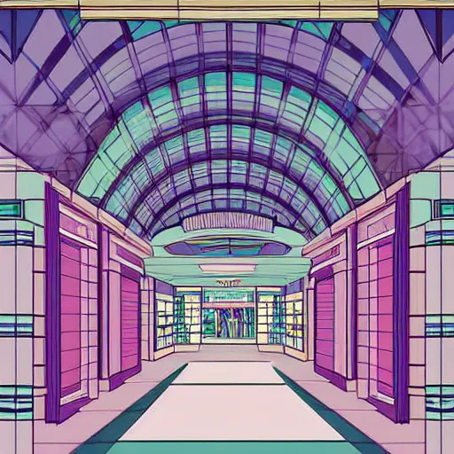 Image similar to art deco illustration of a mall atrium in pastel colors