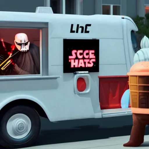 Image similar to darth vader ordering ice cream from an ice - cream truck, high definition, unreal engine rendering