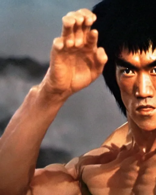 Image similar to bruce lee as kenshiro in live action fist of northstar movie, a bright glow surrounds his body, particle effects, hyperreal, post apocalyptic, mutants, martial arts, cinematic