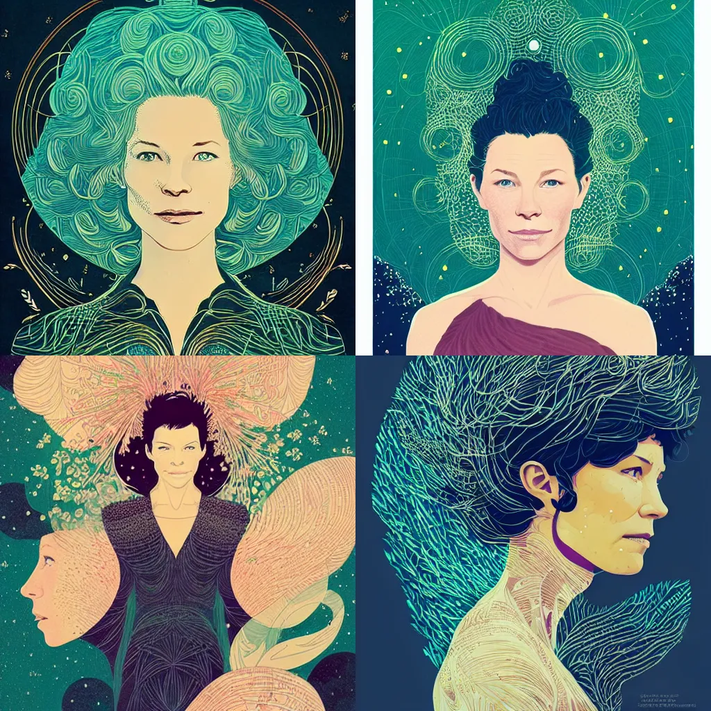 Prompt: beautiful portrait of Evangeline Lilly in the style of Victo Ngai