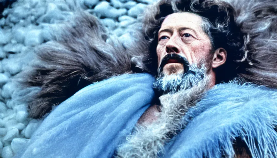 Image similar to 1 9 6 0 s movie still close up of marcus aurelius frozen to death in a blue cape with fur in a river with gravel, pine forests, cinestill 8 0 0 t 3 5 mm, high quality, heavy grain, high detail, texture, dramatic light, anamorphic, hyperrealistic, detailed hair