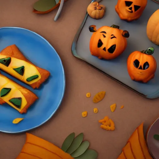 Prompt: concept art full view of a plate with three delicious turnovers with pumpkin glazing in the style of pixar and coco, octane render, cinema 4 d, isometric, farmville