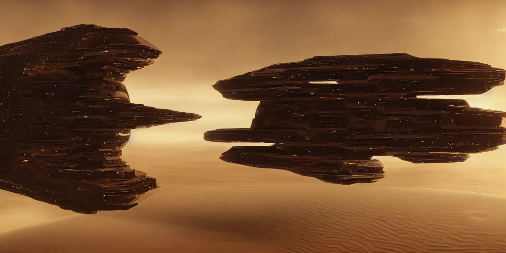 Prompt: spaceship from the movie dune, 2 0 2 1 cinematic 4 k framegrab, intricate abstract smooth spaceship floating with smaller ships flying in and out