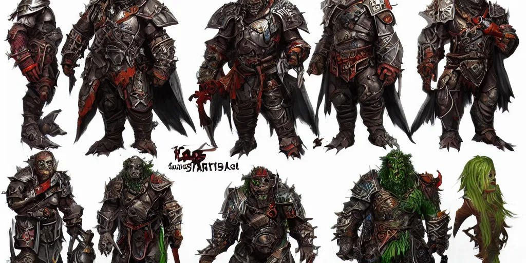 Image similar to different views of scary orcs in armour, colourful intricate!! concept art by senior character artist, trending on artstation, full body character design