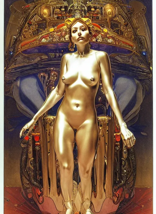 Image similar to Robotic beautiful Priestess posing in front of an altar by Hajime Sorayama and Henry Fuseli, alphonse mucha , dramatic lighting