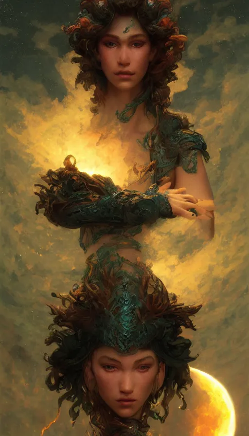 Image similar to epic masterpiece fire, sweaty skin, hyperrealistic, octane render, cinematic, night, moon, beautiful face and flawless skin, perfect hands, 5 fingers, emerald by Edgar Maxence and Ross Tran and Michael Whelan, Lorenzo Sperlonga Legends of Runeterra