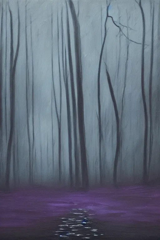 Prompt: dark and spooky painting of a forest dimly lit at night with tiny purple morning glory flowers trailing at the base of trees. foggy cinematic volumetric darkness, muted colour palette, detailed oil painting on canvas