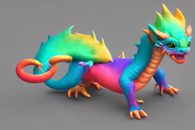 Image similar to adoptable dragon rainbow chimera creature, trending on artstation, masterpiece daily deviation, 3 d render, fluffy, cute