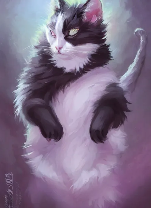 Image similar to male cat white and black fur, pink nose, missing one eye cute and adorable, pretty, beautiful, dnd character art portrait, 1 0 pounds, matte fantasy painting, deviantart artstation, by jason felix by steve argyle by tyler jacobson by peter mohrbacher, cinematic lighting