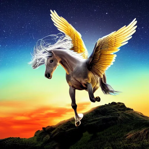Prompt: a majestic pegasus, swooping toward the camera brilliantly illuminated, color high resolution realistic photo