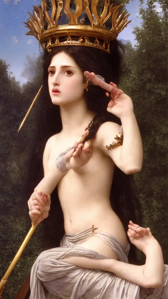 Prompt: a goddess with dark hair and pale skin armed with spear and a crown on her head, hyperrealistic, octane render, Regal, Refined, Detailed Digital Art, RPG portrait, William-Adolphe Bouguereau, Michael Cheval, Walt Disney (1937), Steampunk, hyperdetailed, artstation, cgsociety, Volumetric Golden dappled dynamic lighting, Highly Detailed, Cinematic Lighting, Unreal Engine, 8k, HD