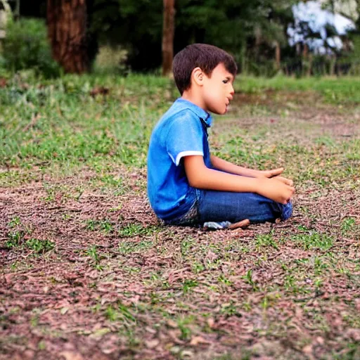 Prompt: a boy sitting on his own and playing with the universe, childhood imagination