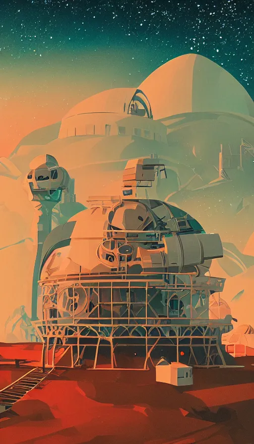 Image similar to epic magical observatory, large telescope, sharp focus, james gilleard, print, risograph, cinematic, game art