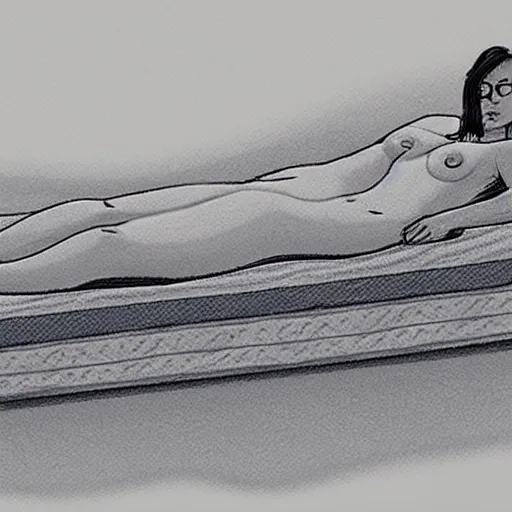 Image similar to sketch of a person who is reclined on a mattress. the person is fully clothed