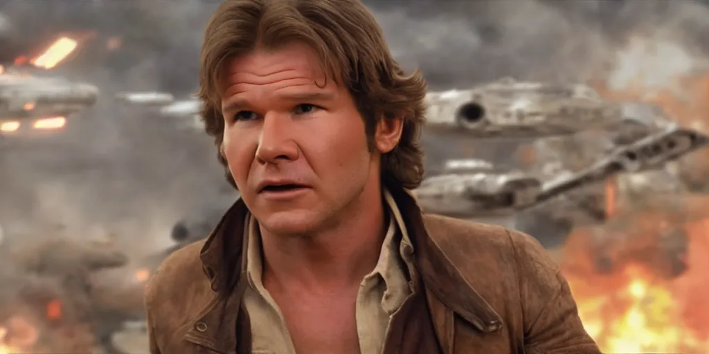 Prompt: han solo played by photo real harrison fords 1 9 8 3, motion blur runs through massive battlefront, mcu style, explosions, fire, real life, spotted, ultra realistic face, accurate, 4 k, movie still, uhd, sharp, detailed, cinematic, render, modern
