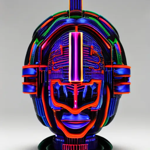 Image similar to claymodel of a cyberpunk aztec futurism robot head, 8 k, symetrical, flourescent colors, halluzinogenic, multicolored, insanely integrate, black background, 3 d render,