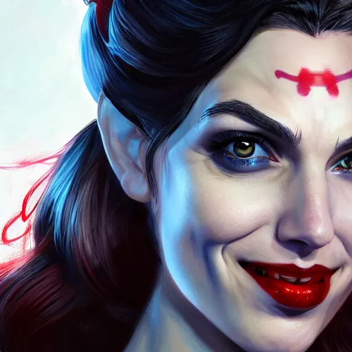 Prompt: a close up face of gal gadot as Harley Quinn, by Stanley Artgerm Lau, WLOP, Rossdraws, James Jean, Andrei Riabovitchev, Marc Simonetti, Yoshitaka Amano, ArtStation, CGSociety, Full body shot